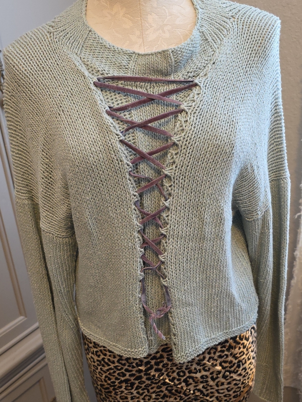 Lace-Up V-Neck Knit Sweater in Sage Green